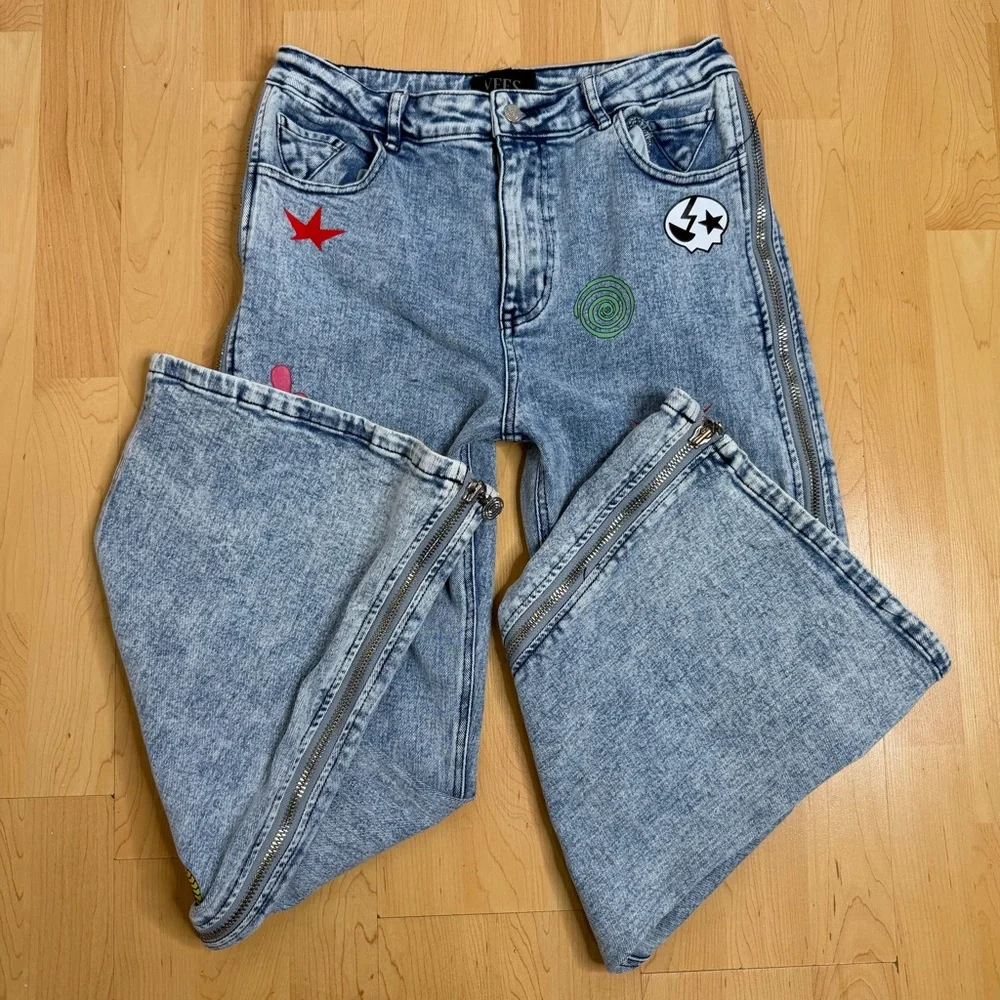VEES Y2K Patchwork Flare Jeans Side Zipper Bell Bottom High Rise Festival - Picture 5 of 12
